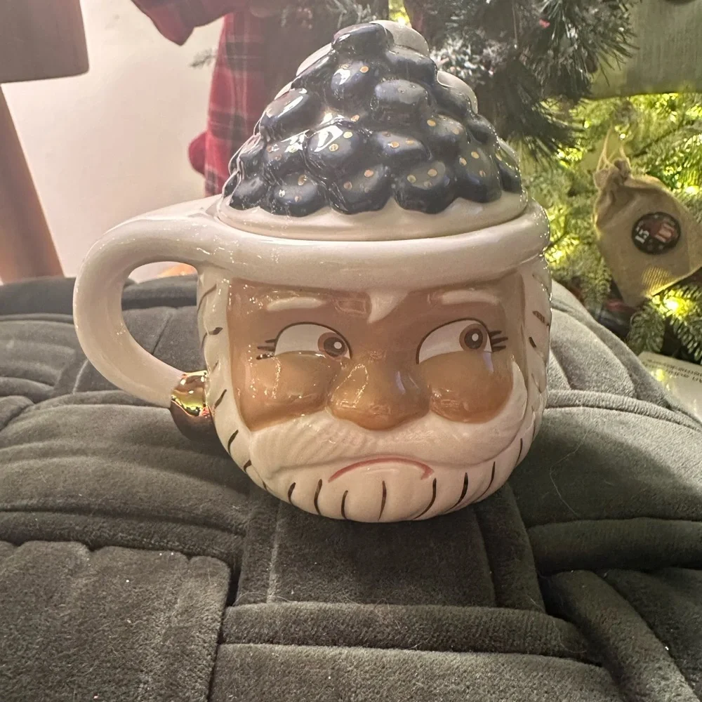 Glitterville Studios Santa Mug Naughty Nice mug with Marshmallow Coal Lid New